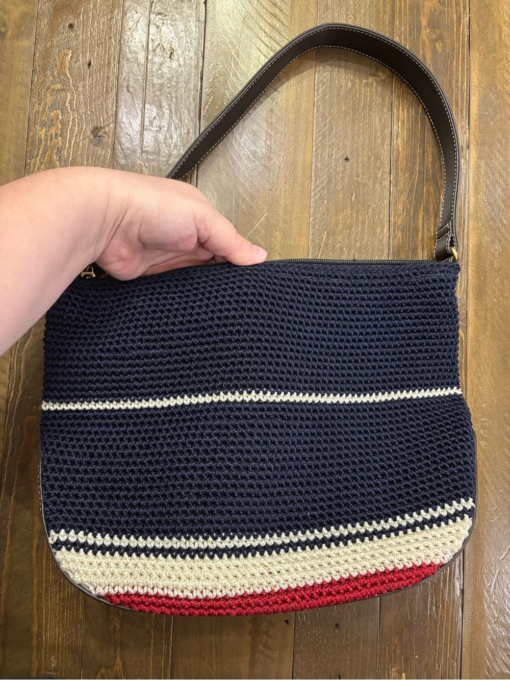 The Sak Navy Crochet Shoulder Bag with Red & Cream Stripes